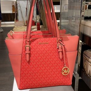 Michael Kors Charlotte Large Logo and Leather Top-Zip Tote Bag Coral Reef Multi